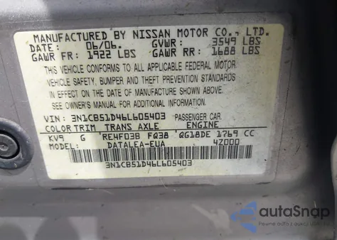 2006 Nissan Sentra 1.8S z USA, uszkodzony, nr VIN 3N1CB51D46L605403